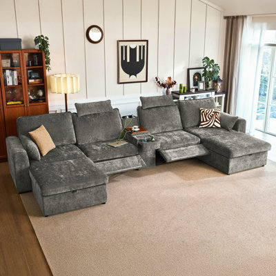6-seater Chenille Oversized Modular Power Recliner Sofa With Headrest Deep Cloud Couch With Table Charging Cup Holders Convertible U-shaped Sectional With 2 Storage Ottomans