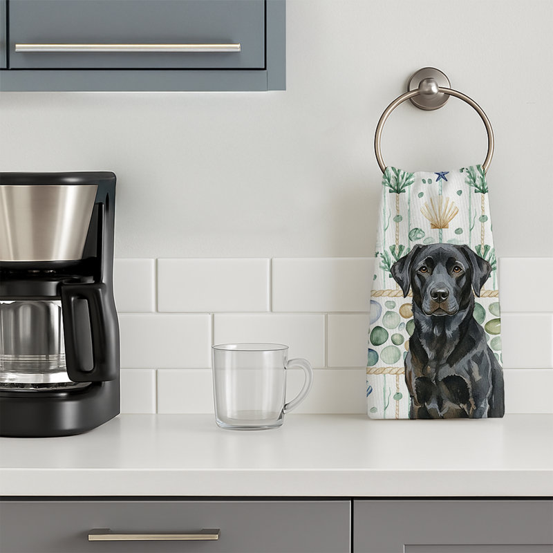 Serviette de cuisine blanche en verre de mer à épagneul tibétain blanc, Labrador Retriever noir
