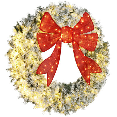 Couronne de Noël enneigée, plastique vert / blanc + métal - pour les décorations de fêtes intérieures / extérieures, blanc chaud / multicolore, 11 modes, arc rouge 3D, télécommande, étanche IP44