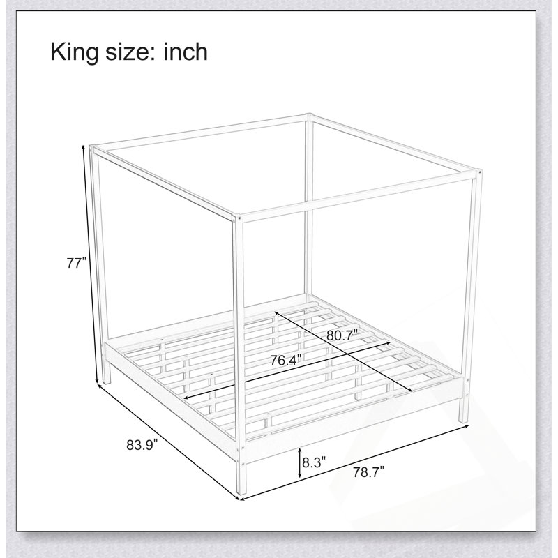 Structure de lit à baldaquin en bois massif très grand avec conception à quatre colonnes, support de lattes, aucun sommier nécessaire, finition naturelle