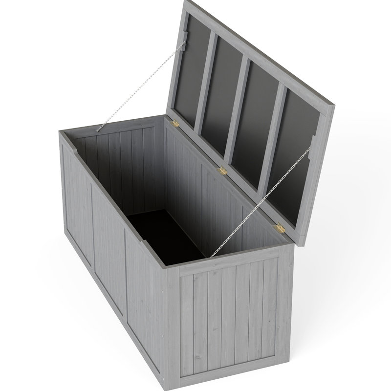 Boîte de rangement extérieure en bois massif de 112 gallons pour ranger les meubles de patio, les accessoires de piscine et les outils de jardin - emplacements de conception élégants avec fonction de table de siège