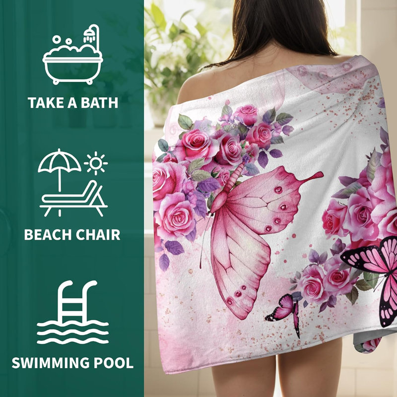 Serviette de bain Pink Butterfly Flowers - Drap de bain en microfibre Spring Rose