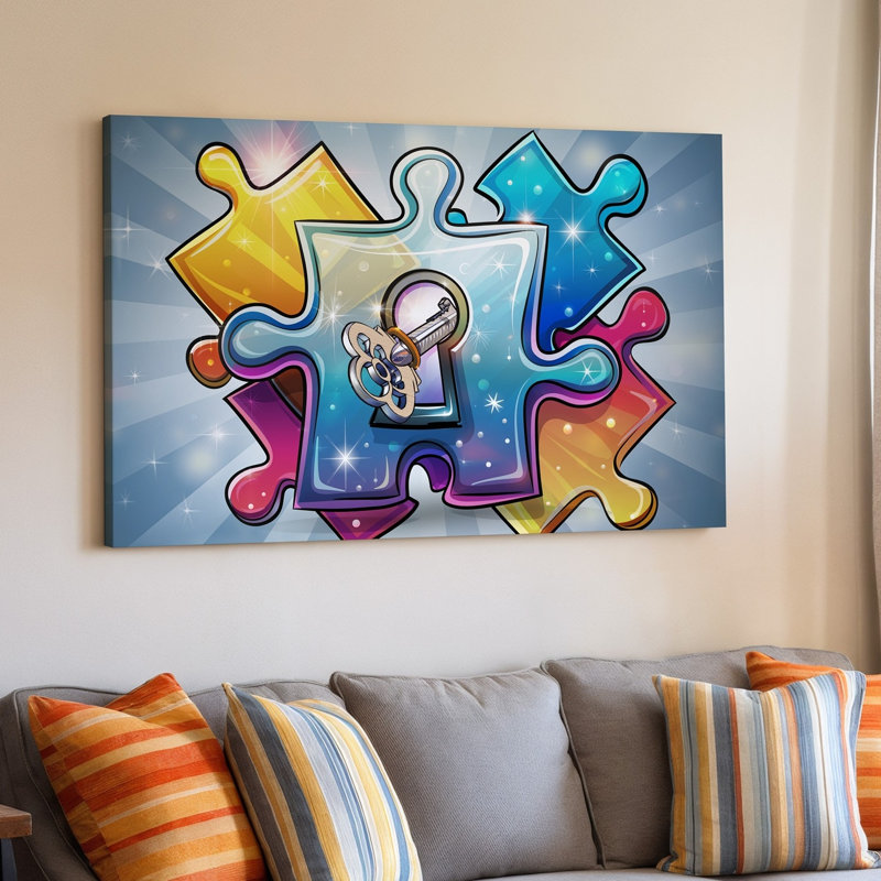 Toile, une illustration abstraite vibrante avec une grande pièce de casse-tête translucide au centre conçue de manière complexe avec un art mural sur toile
