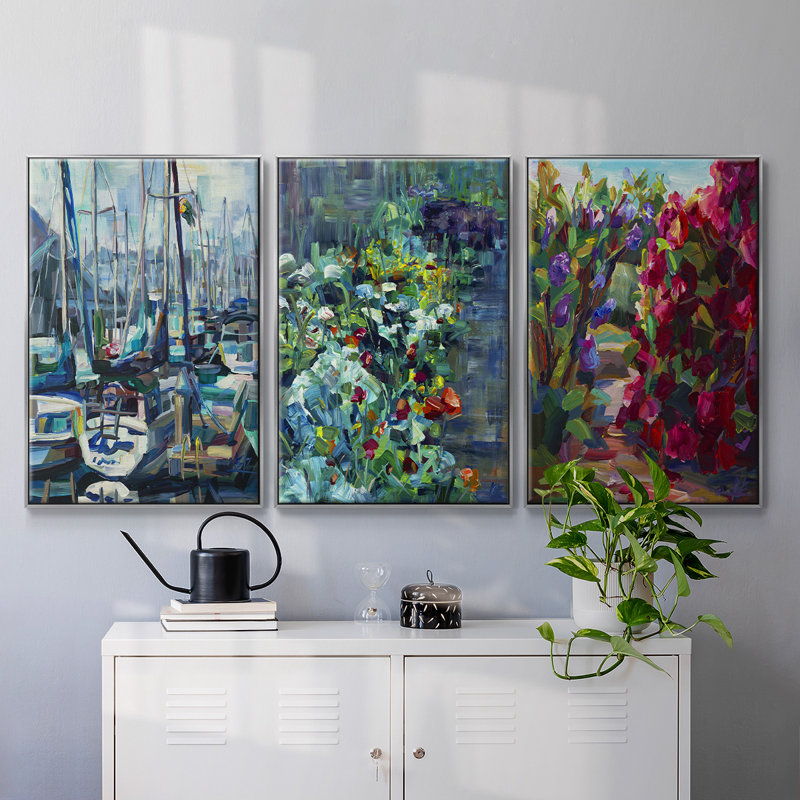 Lilas et rhodies, reproduction sur toile 3 pièces, Encadrement argenté, H 27 po x l 54 po x P 2 po