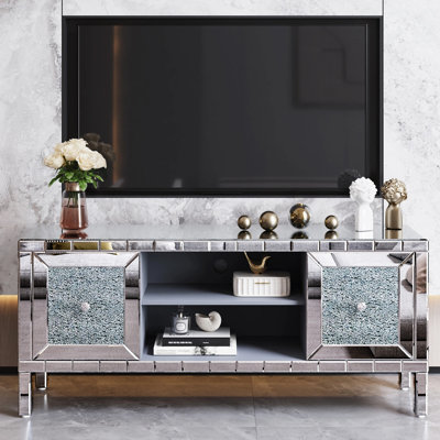 60" Mirrored TV Stand With Crushed Diamond Glass Doors - Modern Media Entertainment Center For Living Room, Adjustable Storage TV Console Table For 65-Inch TV, TV Stand