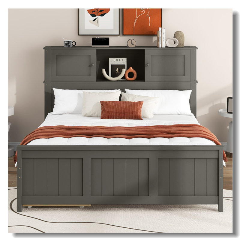 Lit plateforme double avec tête de lit et porte coulissante, Gris