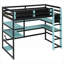 Lit plateforme mezzanine bleu profond, construction en bois avec bureau intégré, rangement et éclairage RVB-129462367