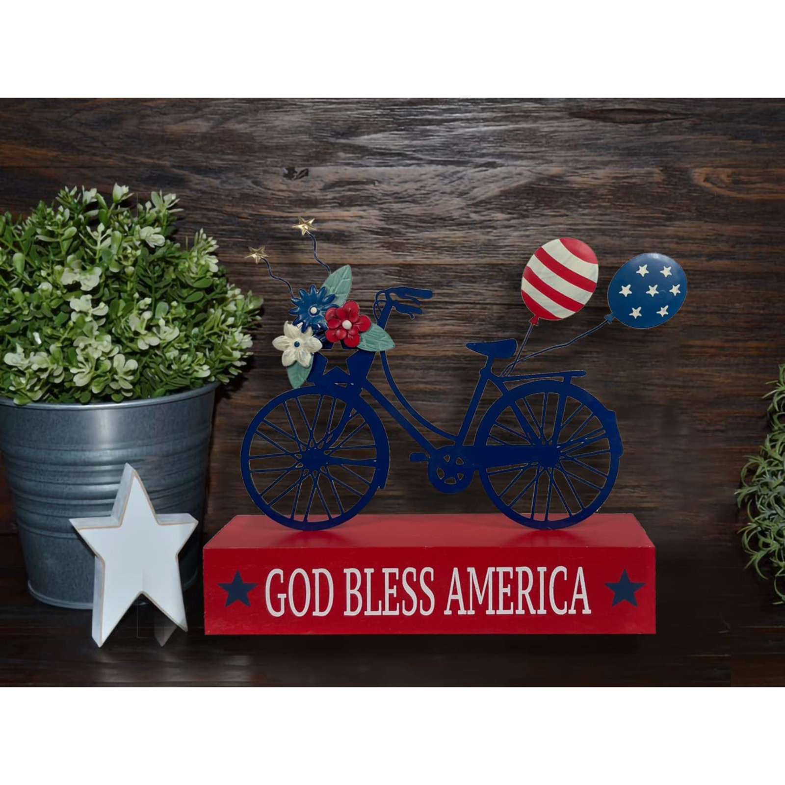 Patriotic USA Flag Bicycle Wooden Block Sign