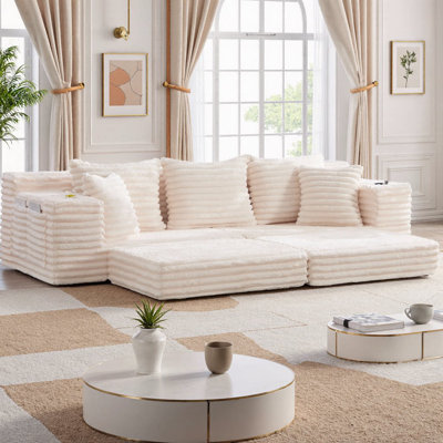 107" Oversized Corduroy Cloud Sofa with Cup Holders & Side Pockets, Sofa Bed Boneless Sectional with Memory Foam, 650 lb Capacity, No Assembly Required for Living Room, Bedroom