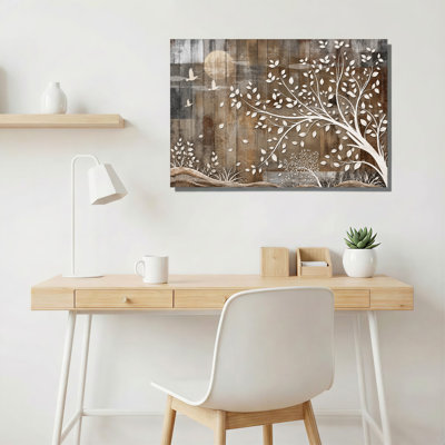 Tableau sur toile représentant un arbre blanc et des oiseaux sur fond de bois rustique