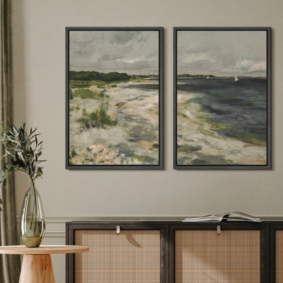 Beach And Waves " Coastal Shoreline With Lush Dunes Serene Beach Landscape Nature Wilderness Illustration Decor " 2 - Pieces