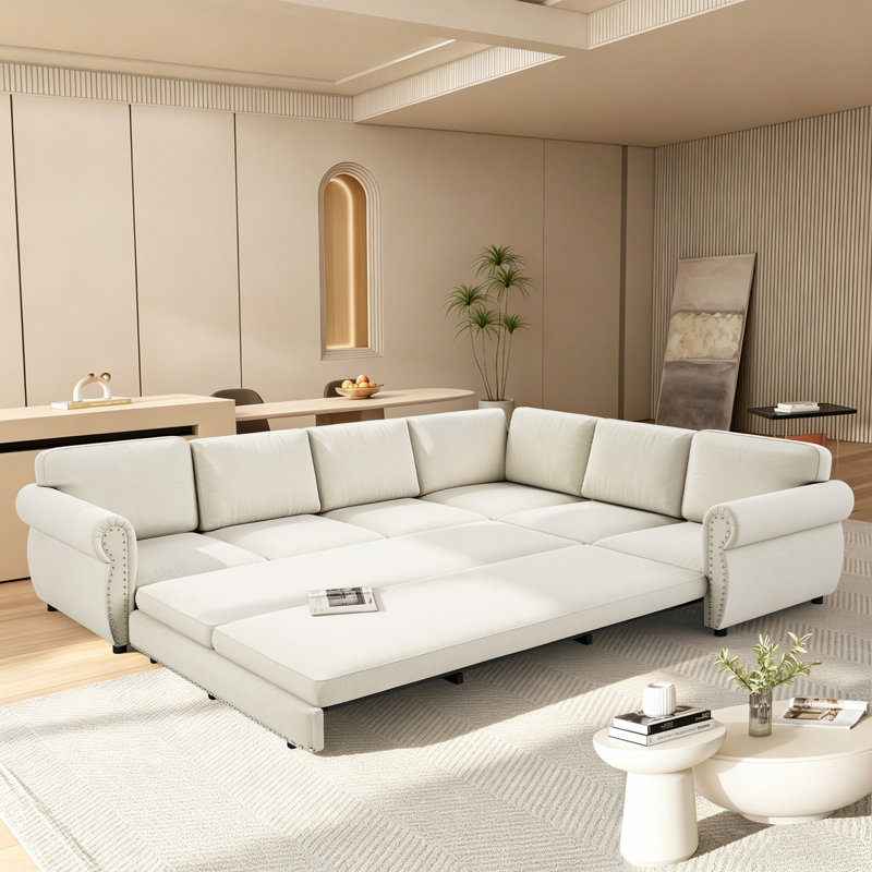 118" Oversize Convertible Sleeper Sofa With Nailhead Trim, Upholstered Sofa Couch With Pull-Out Bed, Beige Chenille