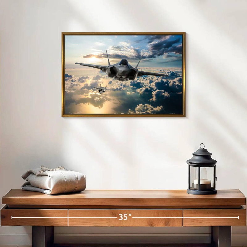 Avion de chasse F35, Cadre flottant doré, 19 po x 13 po