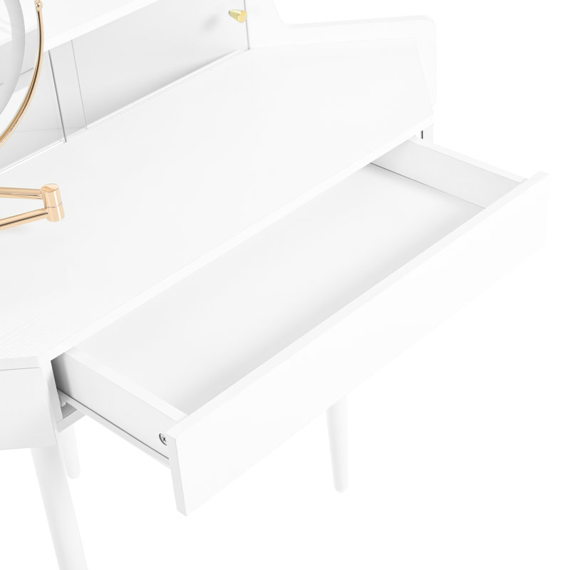 Space - Saving Vanity With 360 Rotatable Mirror, 3 Color Led Lights, And Spacious Storage For Beauty Products Modern White Makeup Desk Tri Folding Rotating Lighting, Comfortable Stool