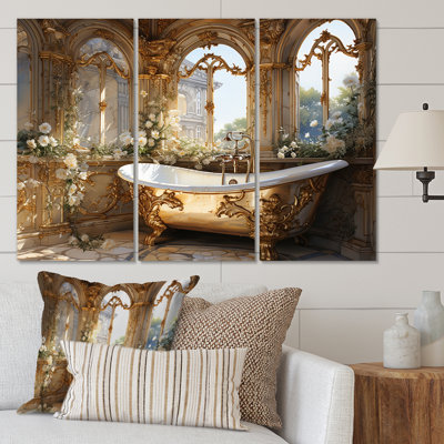 «Bathroom Golden Luxe III», reproduction sur toile 3 pièces