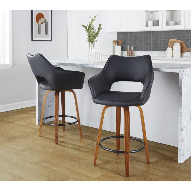Sarah Fixed-Height Faux Leather Bar & Counter Stools with Bent Wood Legs & Round Footrest, Counter Stool (26" Seat Height)