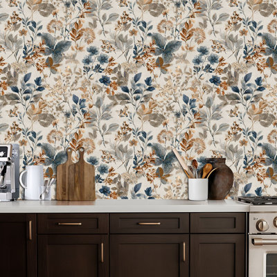 Peel and Stick Wallpaper Botanical Floral Leaf Vintage Watercolor Style Neutral Beige Blue Rust Contact Paper Removable Self Adhesive Wall Mural Wall Decor for Bedroom Kitchen Cabinets 17.7in x 118in