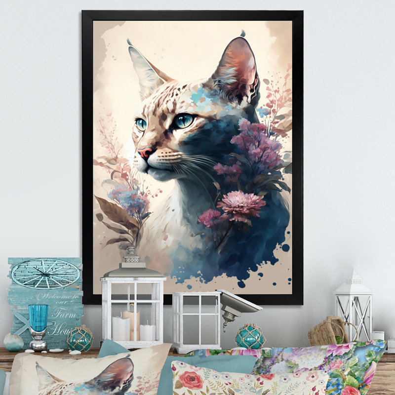 «Cute Siamese FloralII», peinture sur toile, Cadre photo noir, H 20 po x l 12 po x P 1 po
