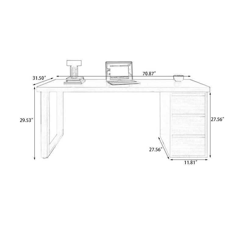Bureau rectangulaire en bois massif à 3 tiroirs Chestnut, Retour à droite, H 29,53 po x l 70,87 po x P 31,5 po