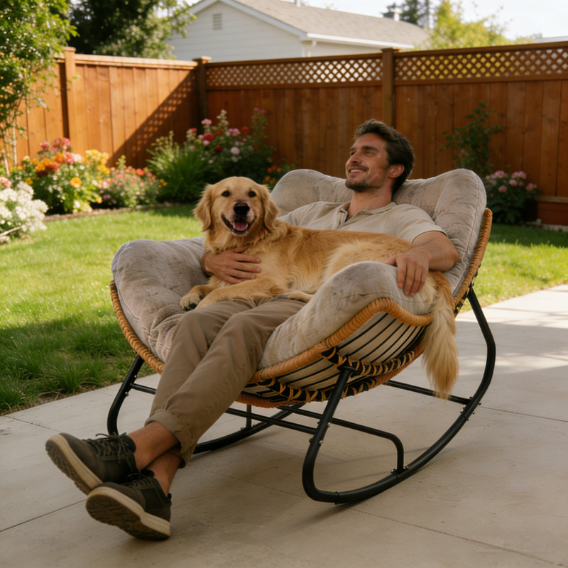 Chaise berçante d'extérieur en polyuréthane compacte surdimensionnée en PE avec coussins moelleux et résistante aux intempéries Sttte