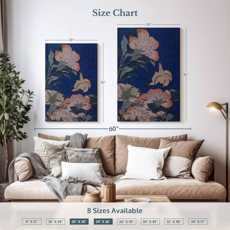 Pivoines et canari Brampt 1834, H 36 po x l 24 po