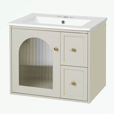 Wall Mounted Bathroom Vanity Set with Ceramic Sink, 2 Drawers and 1 Soft-Close Door