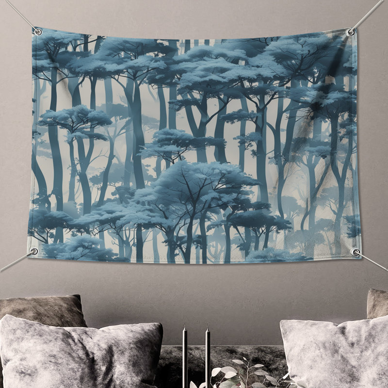 Tapisserie murale bleu forêt brumeuse - arbres, 50 po H x 60 po L avec 4 œillets