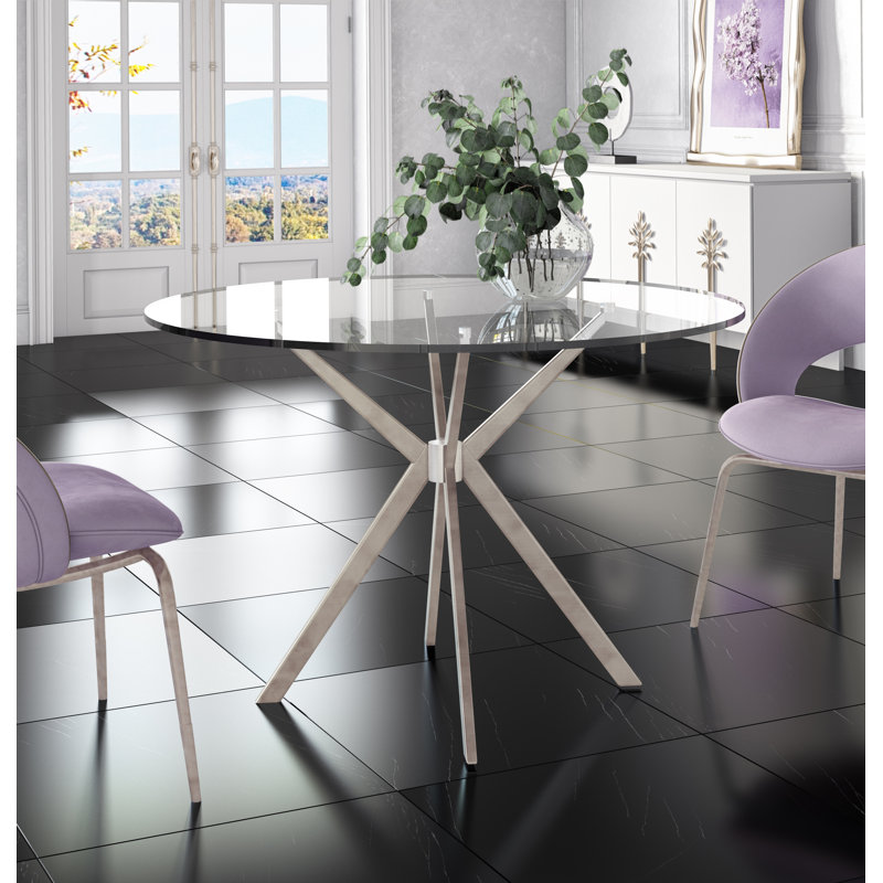 Mikaia Round Glass Top Dining Table, Brushed Stainless Steel