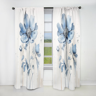 Gurjivan Blue Minimalism Poppy Flower I - Traditional Curtain - Velvet Room Darkening - 1 Panel