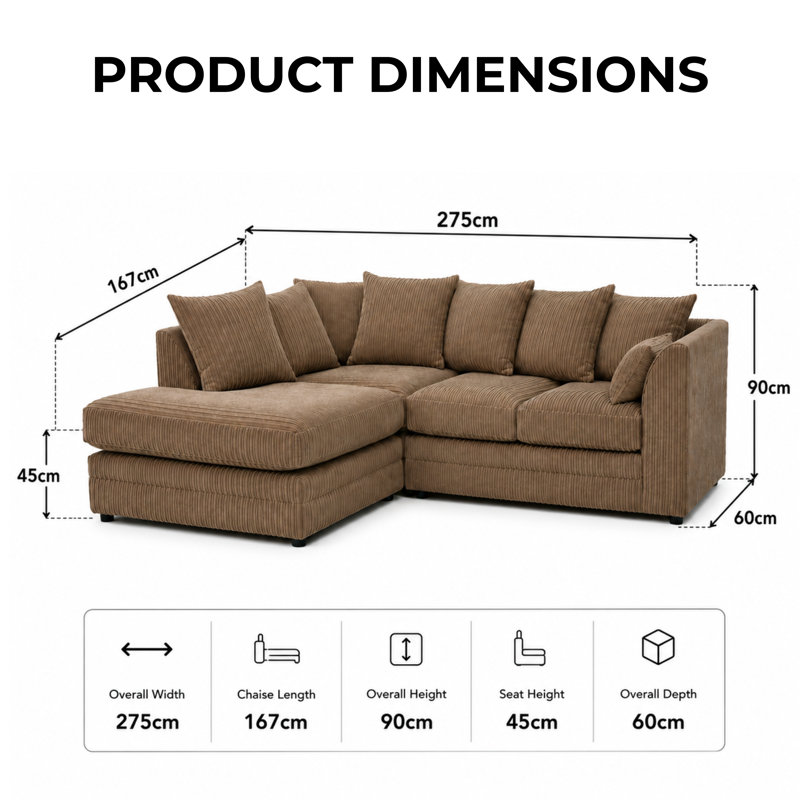 4 Seater Corduroy Sofa & Chaise, Coffee Beige