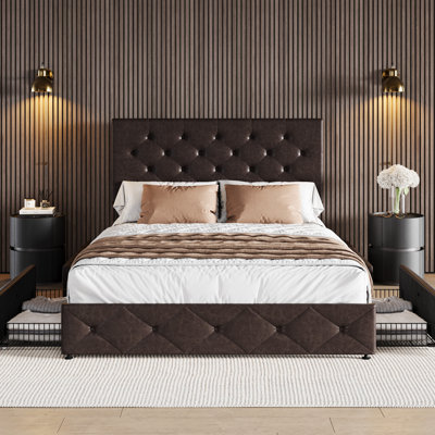 Zelna Upholstered Platform Storage Bed with 4 Drawers and Sleek Button Tufting