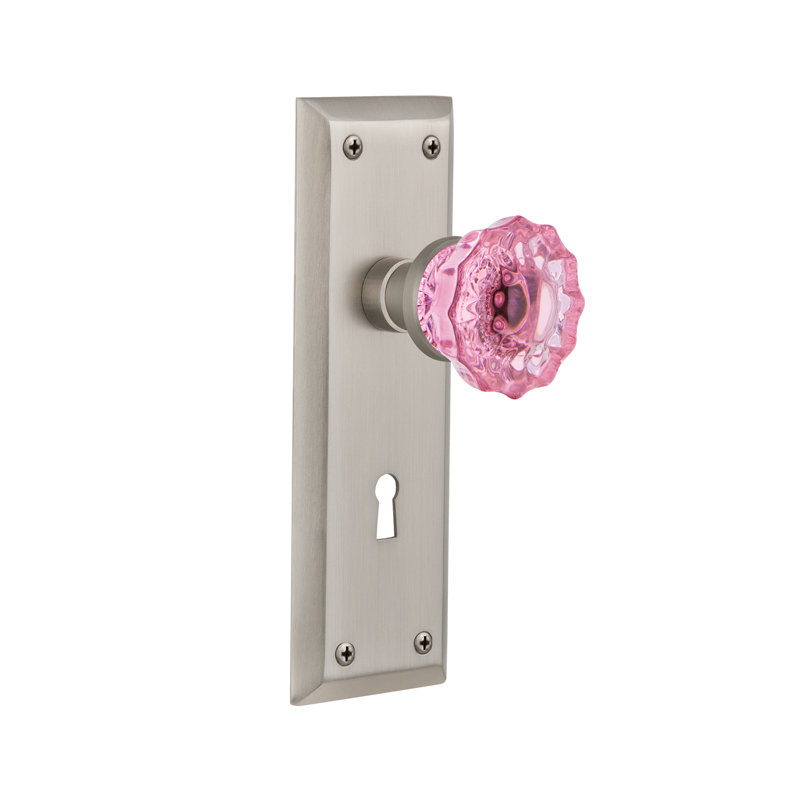 New York Plate with Decorative Keyhole and Crystal Pink Door Knob, 2 3/8, Satin Nickel
