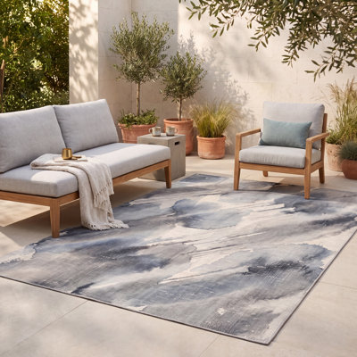 Tapis intérieur/extérieur moderne effet vieilli aquarelle abstraite bleu gris crème antidérapant à poils courts, adapté aux animaux domestiques, idéal pour salon, chambre, salle à manger, entrée, couloir, bureau, cuisine, zones de passage intense, facile à nettoyer, imprimé, ultra doux, bord ourlé et lavable