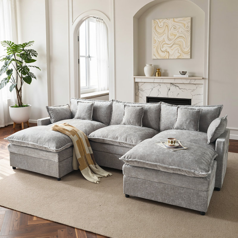 Canapé d'angle modulaire en chenille de 107,9 pouces avec 2 poufs, Gris chenille