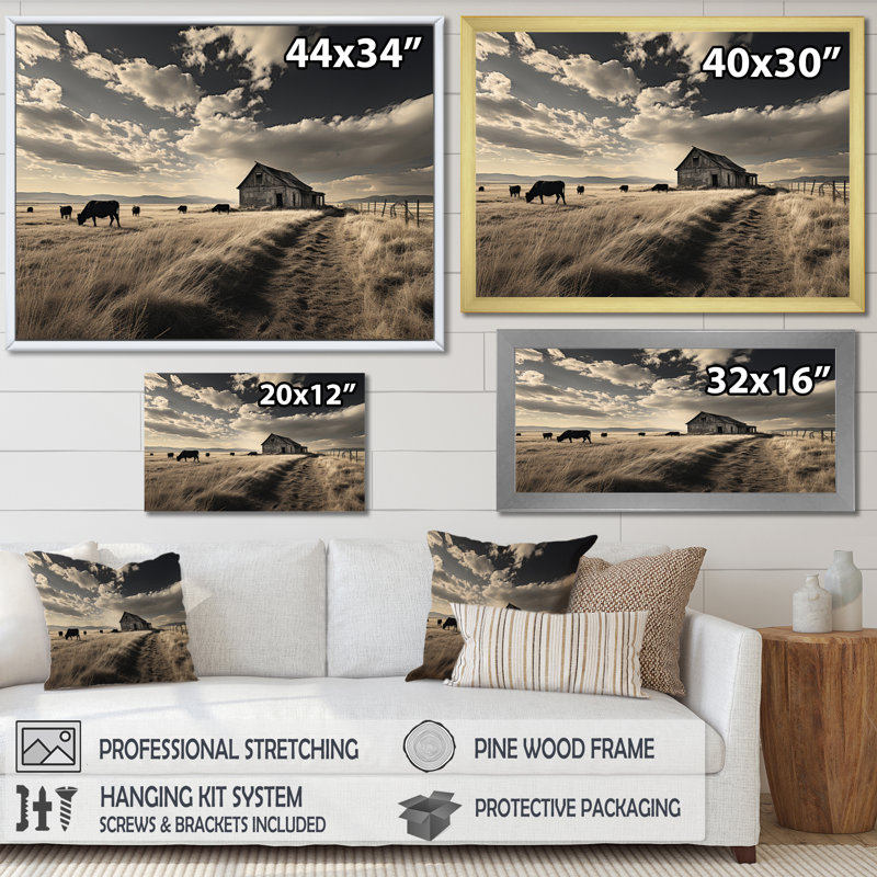 Bétail «Silent Horizon III» - Art mural de bovin pour le salon, Cadre flottant noir, H 16 po x l 32 po x P 1 po