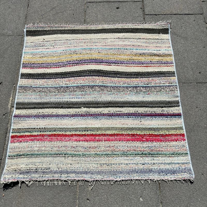 Antique Turkish Kilim Wool Rug in Vibrant Rainbow Stripes for Versatile Home Decor