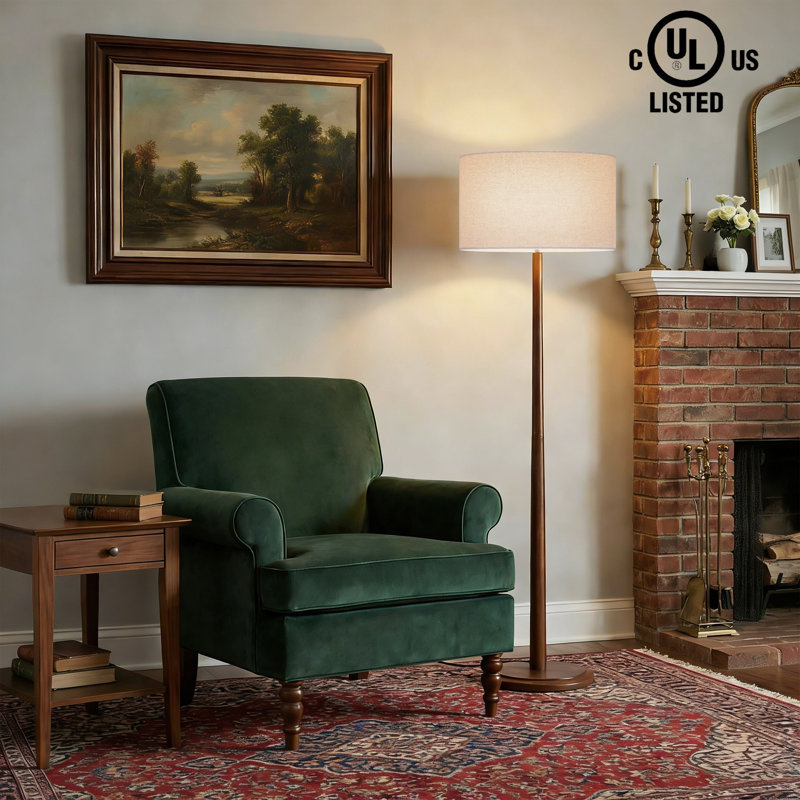 61” Nordic Solid Wood Floor Lamp with Linen Drum Shade, Walnut Finish Rubberwood Base, E26 Socket, Foot Switch, Ul Listed