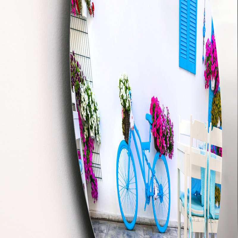 Bleu, bicyclette ancienne avec fleurs - cercle industriel en métal, art mural, H 36 po x l 36 po