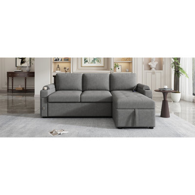 Canapé de 83,5 po avec méridienne et rangement réversible, porte-gobelets, hublots, tissu chenille gris pour espace de rangement, revêtement, confortable