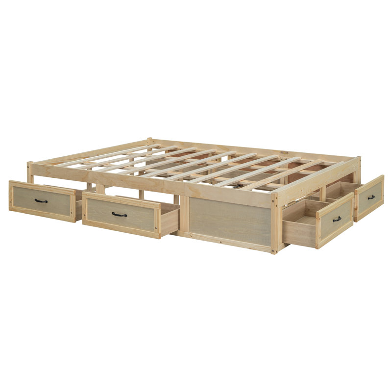Lit plateforme avec 6 tiroirs de rangement, Naturel antique, Grand lit