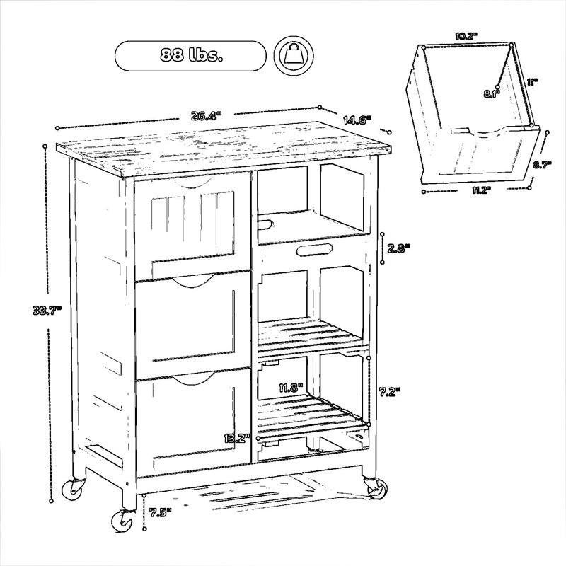 Chariot roulant pour îlot de cuisine avec plateau de boucher, plateaux de service amovibles et tiroirs de rangement - Chariot de service mobile avec roulettes pour la salle à manger et le divertissement