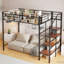 Lit mezzanine en métal avec grille de rangement supérieure et échelle de rangement latérale-991341554