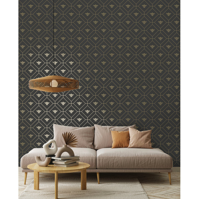 Caddo 53cm x 10.5cm Metallic Wallpaper Roll, Charcoal/Gold