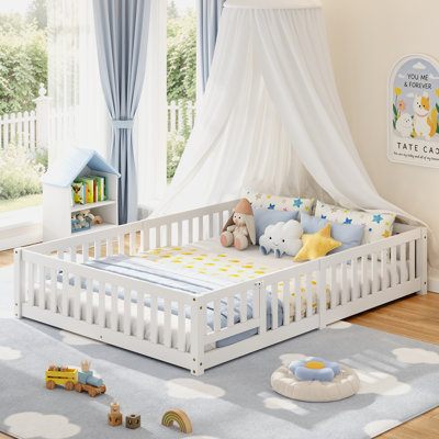 Twin Solid Wood Toddler Bed, Kids Floor Bed, Montessori Floor Bed With Guardrail,White