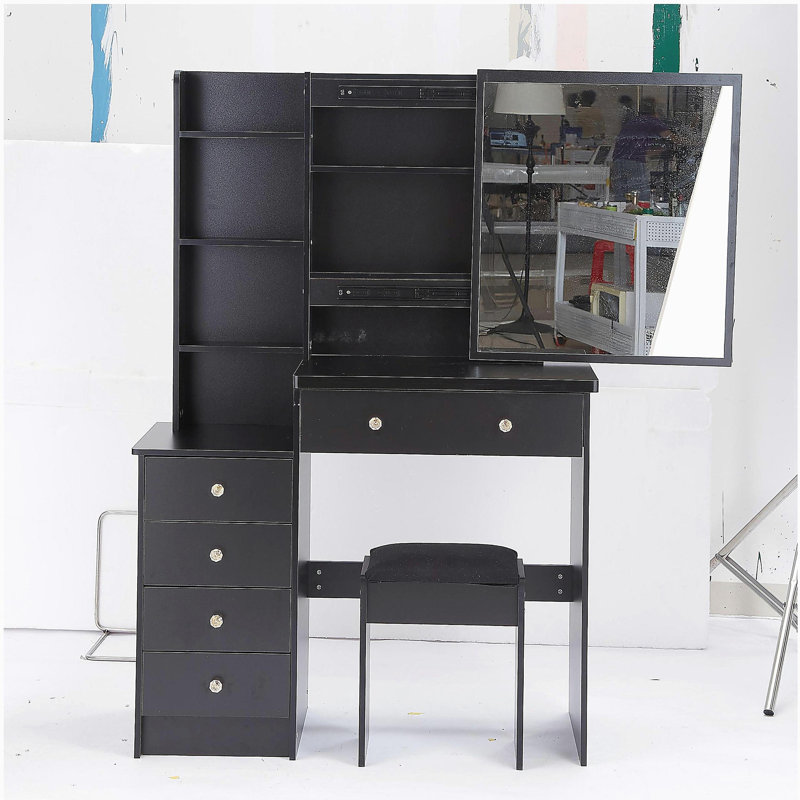 37" Middle Size Left Bedside Cabinet Vanity Table + Cushioned Stool, Extra Large Right sliding mirror, Multi Layer High Capacity Storage, Practical Fashionable Dresser, Suitable For Large Space