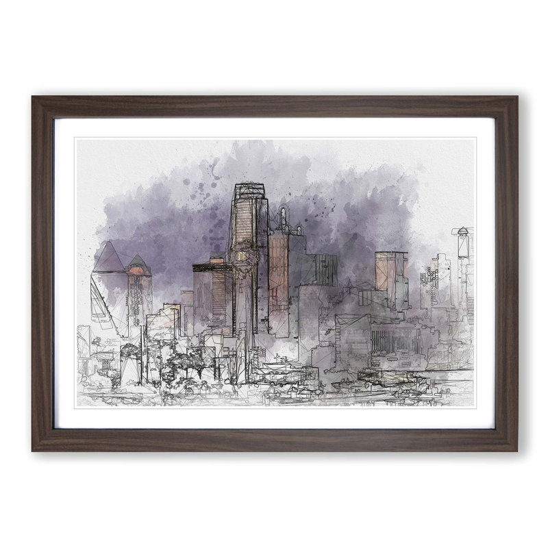 Dallas Texas Skyline at Dusk in Abstract - Picture Frame Graphic Art Print, 48cm H x 65cm W x 2cm D, Walnut Framed
