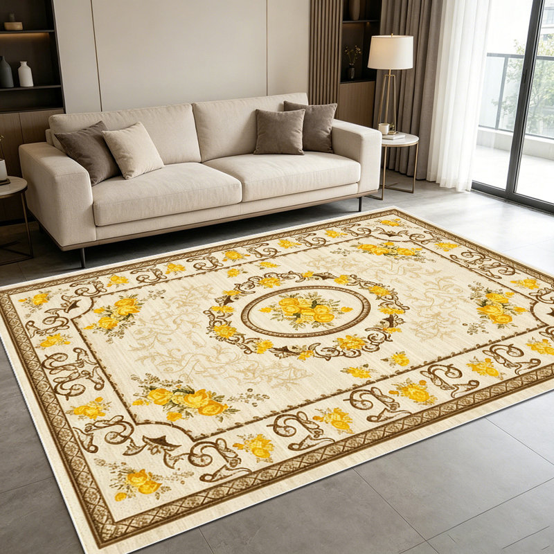 1PC Vintage European Yellow Rose Floral Damask area rugs for Living Room, Soft and Comfortable, Suitable for all seasons, easy-to-maintain, machine washable Indoor floor mat, Under Table Farmhouse suitable for Dining Room, Bedroom, Entryway, Hallway,