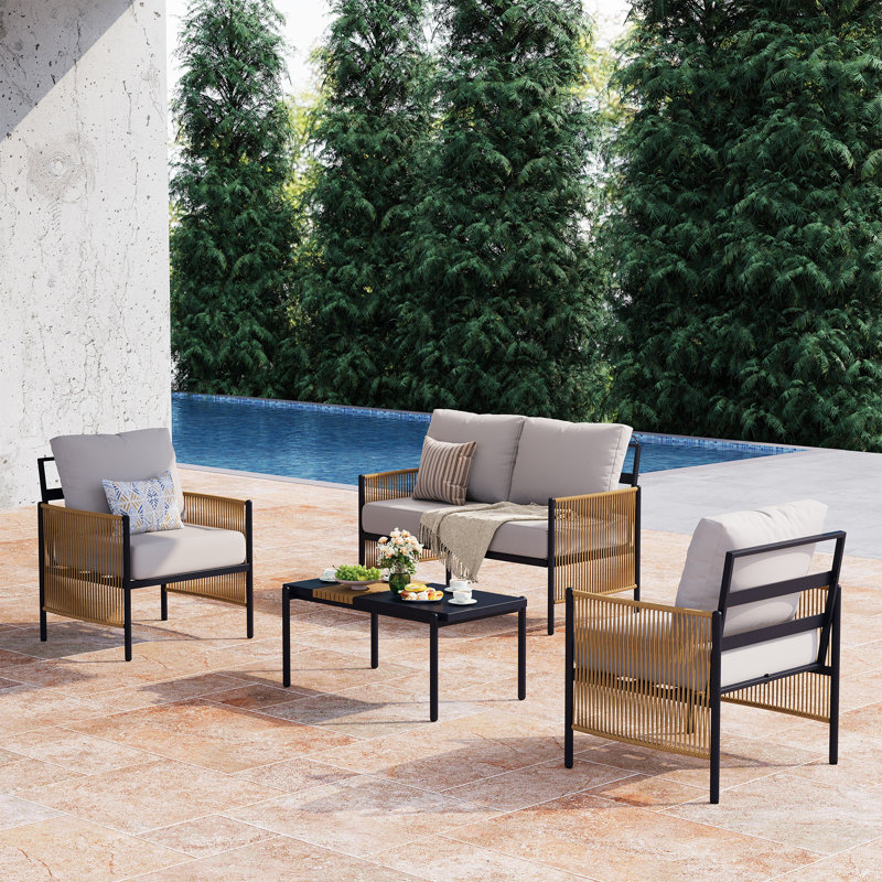 Outdoor Patio Furniture Set, 4 Piece Patio Conversation Sets with Coffee Table, HDPE Rope & Aluminum Armrests,Outdoor Conversation Sets with Thick Cushions for Deck, Backyard, Indigo Ink