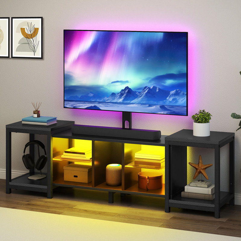 70" TV Stand, 104-174cm Adjustable TV Unit with TV Mounting Bracket, 7 RGB LED Lights and 22 Modes, Black