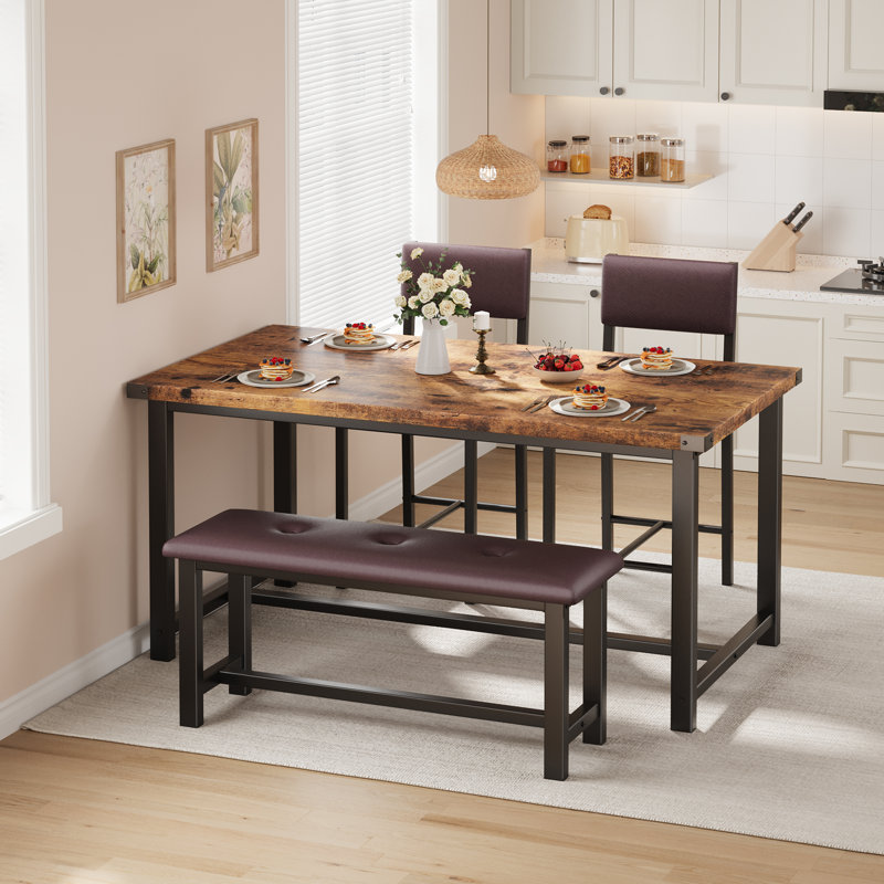 Farmhouse Dining Table Set for 4 – Space-Saving Wood Table with Upholstered Bench & 2 Chairs – Ideal for Kitchen, Dining Room, Apartment – Vintage Color
